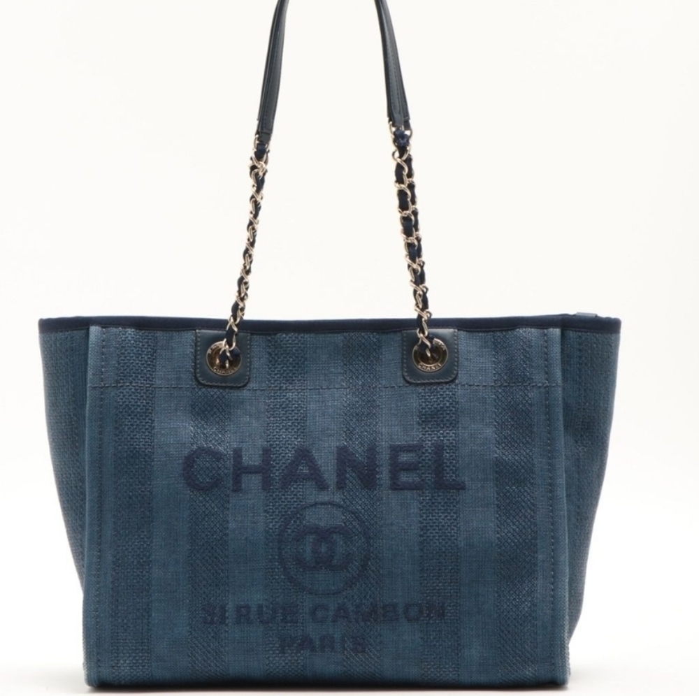 Chanel Mixed Fibers Striped Small Deauville Tote Navy Blue